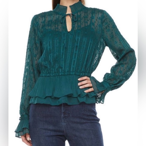 Ryegrass Blouse Womens Size Medium Green‎ Split Tie Neck Long Sleeve Peplum Top - Picture 1 of 16